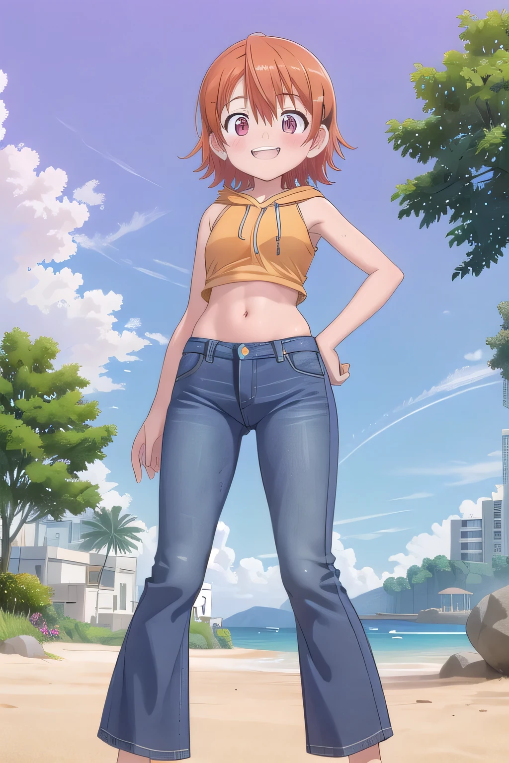 masterpiece,best quality,ultra detail,1girl, 14yo, petite, ((round face, ecstasy, orgasm face, drooping eyes, shame smiling, blush)), dropping eyes, sleepy, background((under the beach, (day:1.2), under sand beach, bright sky)), takenouchi_sora, short hair, orange hair, red eyes, arms behind head, contrapposto, spread armpits, looking at viewer,, yellow hoodie shirt, yellow crop top, sleeveless, (jeans pants:1.2, flares jeans:1.2, skinny jeans:1.2, blue jeans:1.2), standing, (legs spread:3:1), dynamic pose, Sweaty crotch, Steam from the crotch, from below, full body