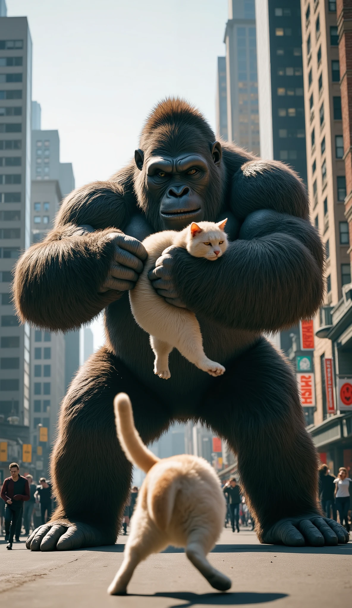 Se giant gorilla tail , thick haired gray and stocky bodied , is fighting with the tail of a giant burly bodied cat in white , scene like in hollywood movie , background in the middle of a city of tall buildings below it full of people running around, cgi , realistic, cinematic. 8K.