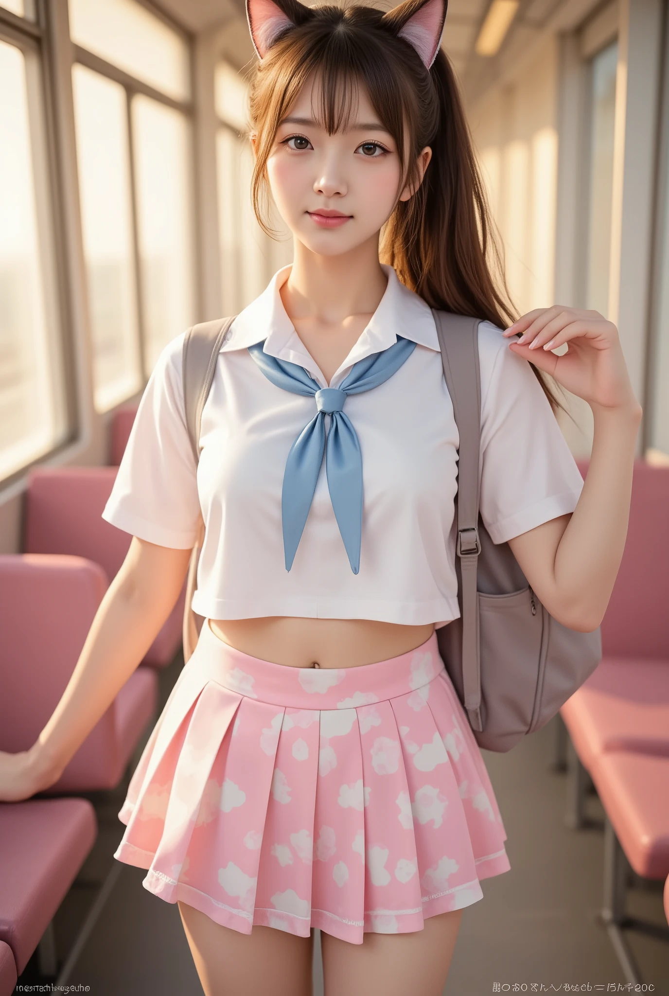 Masterpiece, 8k, (Photorealistic), Raw photo, top-quality, Beautiful Japanese High school girl, Plump breast, Dynamic angle, Ponytail,
Pastel cowpattern school uniform, pleated skirt, pastel socks, Lofer, Sanding in morning train,legs spread apart, backpack , (From below1.3), morning, Ponytail, Sunshine, Closeup, Cat ears,