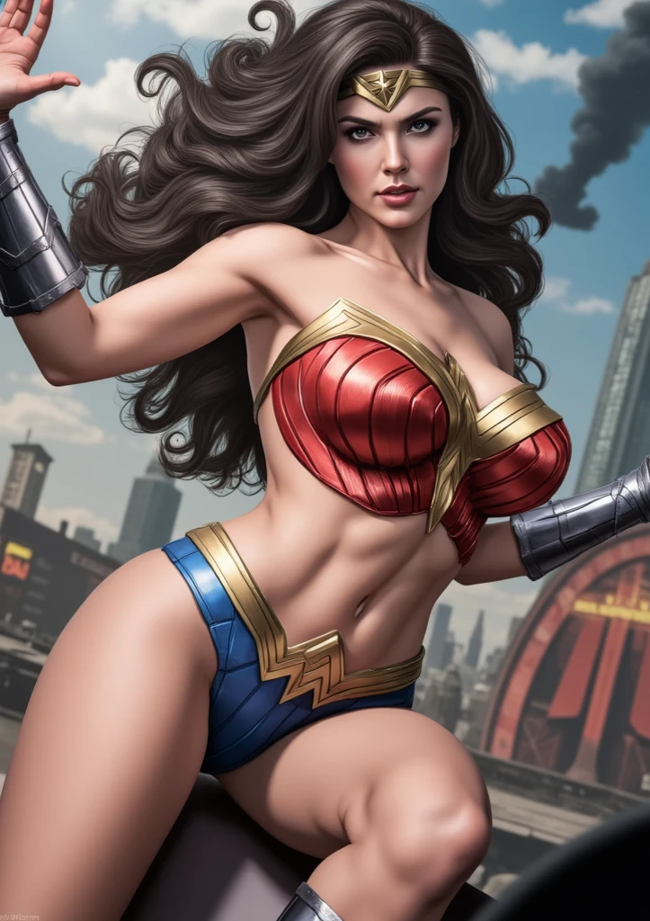 (  masterpiece ,  realistic , perfecta,  photograph ,  high resolution and definition ), DC Comics: Wonder Woman,  in a sensual and erotic pose,  tight suit , long loose black hair, nice image detail ,  Beautiful legs ,  detailed face, light eyes,  beautiful butt ,  slender and detailed body ,  big breasts .  Great detail of the background and environment . In a random location ,  exciting