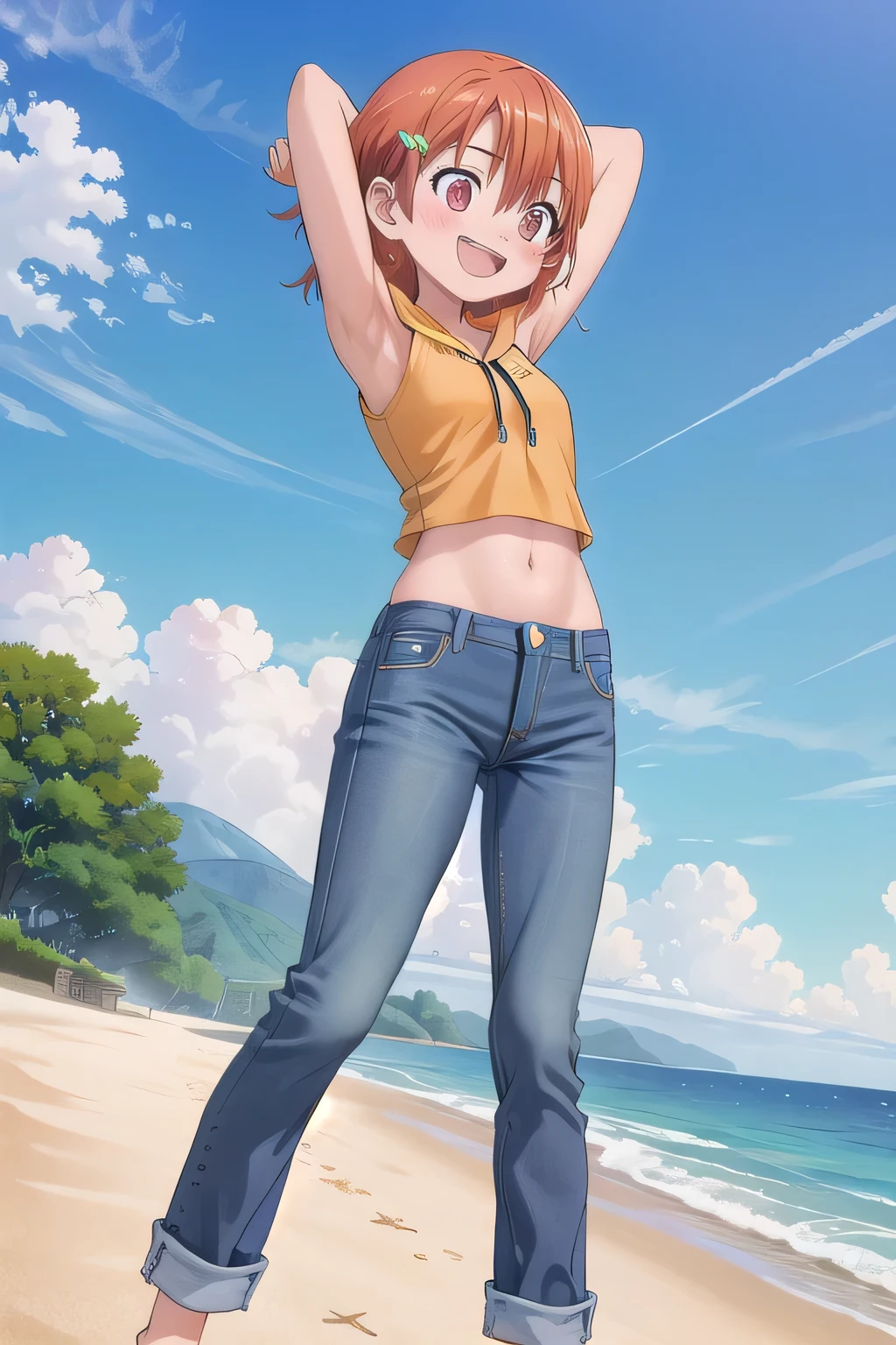 masterpiece,best quality,ultra detail,1girl, yo, pee, ((round face, ecstasy, orgasm face, drooping eyes, shame smiling, blush)), dropping eyes, sleepy, background((under the beach, (day:1.2), under sand beach, bright sky)), takenouchi_sora, short hair, orange hair, red eyes, arms behind head, contrapposto, spread armpits, looking at viewer,, yellow hoodie shirt, yellow crop top, sleeveless, (jeans pants:1.2, flares jeans:1.2, skinny jeans:1.2, blue jeans:1.2), standing, (legs spread:3:1), dynamic pose, Sweaty crotch, Steam from the crotch, from below, full body