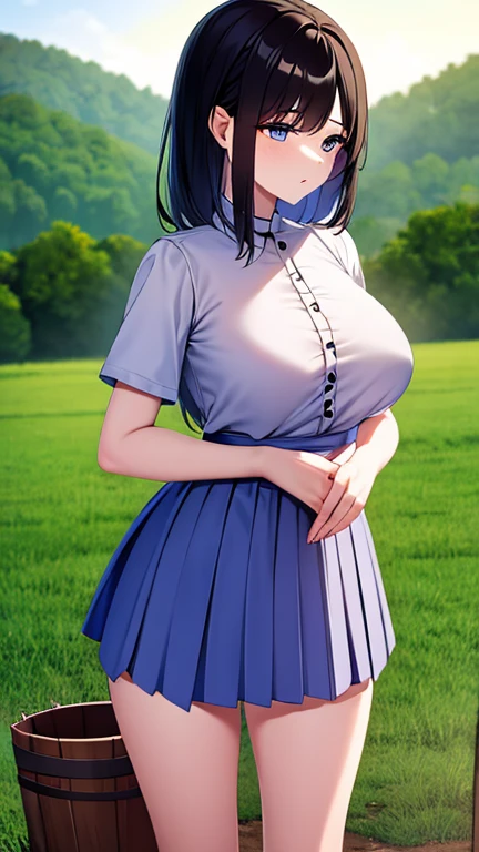 creates a 22-year-old anime girl sitting on the ground with her arms and hands touching her knees wearing a short green skirt and a low-cut white blouse with wide hips and large breasts in a park landscape