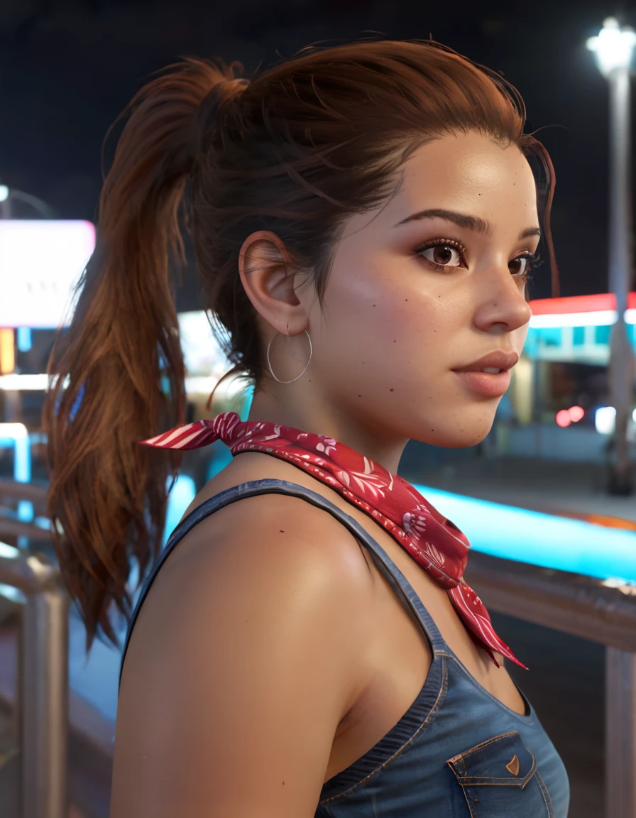 luciagta62024, woman looking at camera, black tank top, denim shorts, brown hair, ponytail, red striped bandana covering mouth, 8k, uhd, best quality, trending on arstation, photorealistic, masterpiece, raw image, skin pores, detailed skin, 5 fingers, mole, latina, miami boardwalk, dramatic lighting, looking at viewer, vibrant color, traffic, long ponytail, upper body image, nighttime, luciagta6sdxl