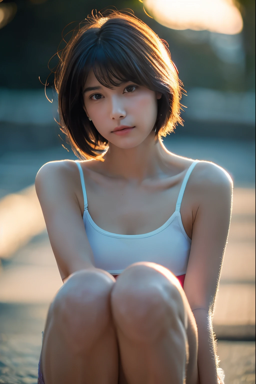(Hyper Reality: 1.35), (Realistic: 1.4), A beautiful Japanese woman, smile, alone. (((No makeup))), masterpiece, 最high quality, high quality, alone, Very good, Puberty, Only one girl, Well-trained slim body, muscular, slim body, breasts apart, (最high quality)),((Very delicate and beautiful)),((Very shallow depth of field)), ((Incredibly shallow depth of field)). Familiar, ((Very delicate and beautiful)), (((Very shallow depth of field))), (((Unbelievably absurd))), dark brown hair, blowing boyish bob hair, shag messy hair, wolf cut, big hair, Windで揺れる髪, Slim body type, ((( Camera Eye)))), (((small ))), Looks like a salon model, Cool face, Neutral facial features,(ecstasy:1.3) ,(slut:1.2),(vulgarity:1.3),(fucked silly:1.1),(steam:1.1),(Wet:0.8),(trembling:0.8),(tears:0.7) ,(drooling:0.6),(sweat:0.8),open mouth, poor, Dynamic Angle, Focus on women, {Particles of light}, Detailed Background, Soft lighting, (dramatic), sunset, very beautiful sunset, Live Action, Realistic, (blurred background), (((11 years old))), (((Wind))), ((Movement)), ((emotion)), ((colorful)), ((Baby Face)), Wither, sea background, (((whole body))), (((knees:1.4))), walking, sports bra,