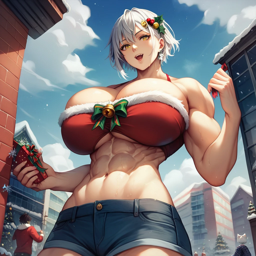 Hot and sweaty, {Ultra gigantic breasts} massive cleavage, toned abs, giantess growth, Christmas, muscular, (koneko_tojou, hair ornament, white hair, short hair, yellow eyes, solo, cat hair ornament)