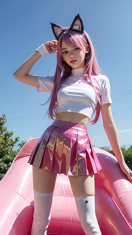  teenager with pink hair, slim model, Latex BH  ,  pleats latex skirt pink,  latex arm warmer ,  knee-high latex boots, Cat ears, bouncy castle  ,  realistic , Standing