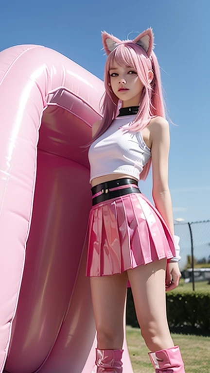  teenager with pink hair, slim model, Latex BH  ,  pleats latex skirt pink,  latex arm warmer ,  knee-high latex boots, Cat ears, bouncy castle  ,  realistic , Standing