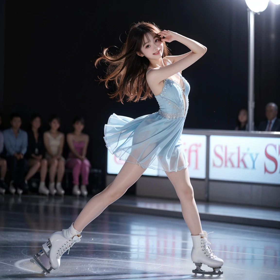  A woman in a light blue short dress is showing off figure skating、I'm wearing skates、 Beautiful and Elegant 、 skating rink、Acting at a figure skating competition 、Looking at the camera、  detailed beautiful eyes 、  cute smile、  a soft and gentle expression 