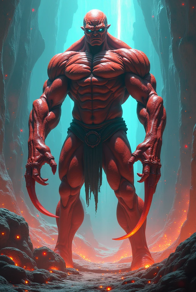 I want a picture of the red juggernaut holding a skull head in his right hand and his left hand up in a closed fist