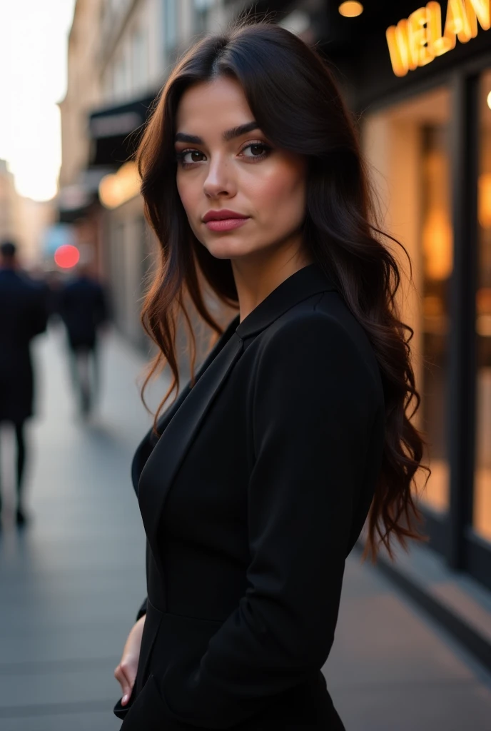 Daytime alley shot: A striking young woman, dressed in a sharp suit, short skirt, and black high heels, stands confidently with long black hair framing her face. Her bold red lips are the focal point as she gazes directly at the camera. Behind her, an enormous Maine cat, its gray and black fur standing tall like a man, exudes dominance through its piercing yellow eyes. Its fluffy locks appear almost regal, drawing attention to the unusual yet striking pairing.