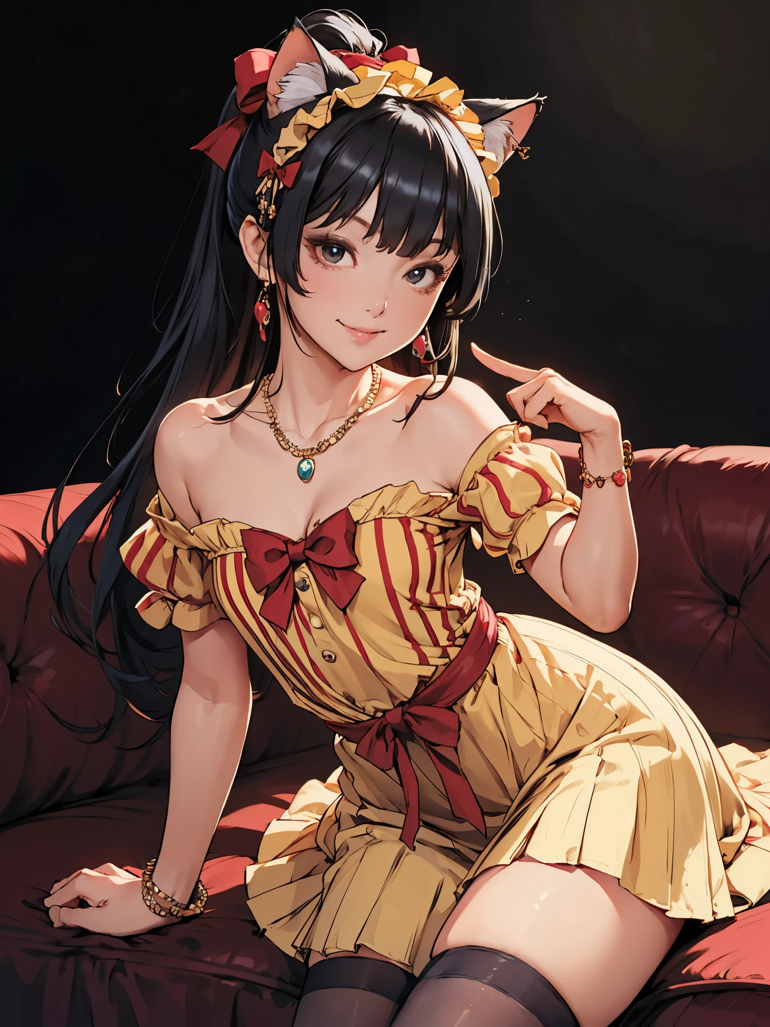 girl, biting index finger, strapless dress, ruffle-trim, long hair, bangs, cat ears, looking at viewer, smile, ribbon headpiece, thighhighs, thighs, short sleeve blouse, ruffle-trim, bow-tie, bracelet, black-pink stripes, black skirt, sexy, ponytail, (from side:0.6), professional lighting, highly details, beautiful details, black pleated, black hair, red ribbon, golden dress, realistic, sensual, gravure, sunlit, necklace, earring, hair jewelry, head jewelry,