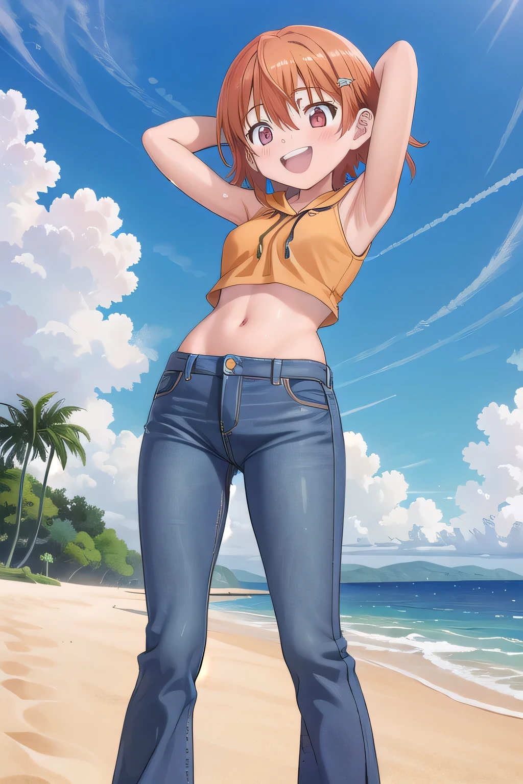 masterpiece,best quality,ultra detail,1girl, 14yo, petite, ((round face, ecstasy, orgasm face, drooping eyes, shame smiling, blush)), dropping eyes, sleepy, background((under the beach, (day:1.2), under sand beach, bright sky)), takenouchi_sora, short hair, orange hair, red eyes, arms behind head, contrapposto, spread armpits, looking at viewer,, yellow hoodie shirt, yellow crop top, sleeveless, (jeans pants:1.2, flares jeans:1.2, skinny jeans:1.2, blue jeans:1.2), standing, (legs spread:3:1), dynamic pose, Sweaty crotch, Steam from the crotch, from below, full body