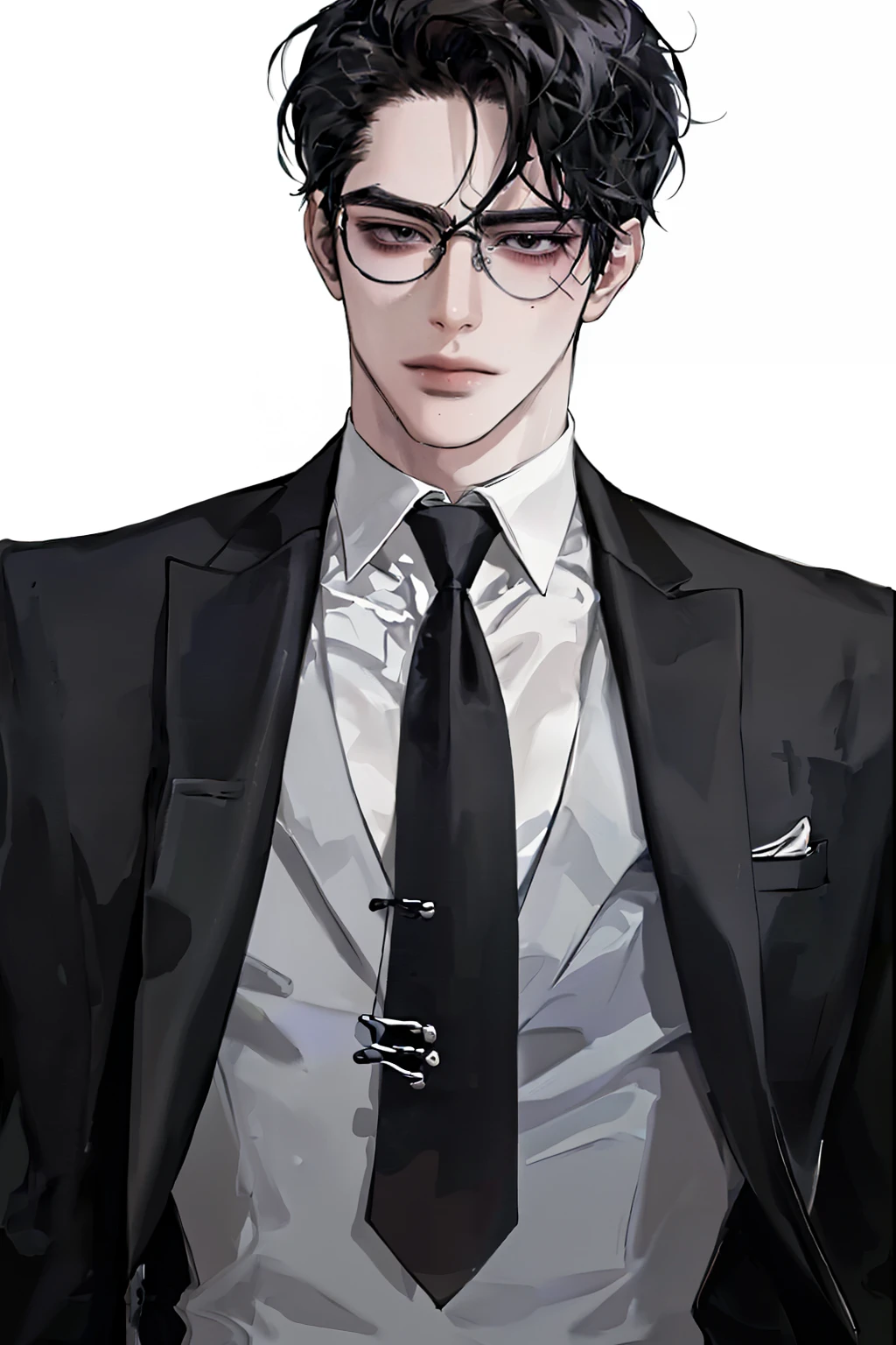 21 year old male ,  good-looking, mature,  black hair, black eyes, cool,  is very tall,  casual wear, (Using glasses ), the rich,  perfect face to have sex,  detailed face, Aesthetic, Athletic body ,  sexy,  suit, tie,  white background, Expressionless