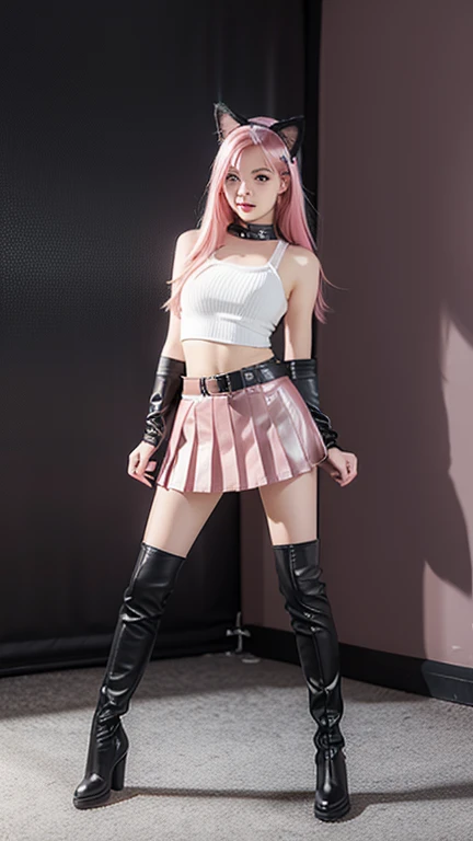 *******r with pink hair, slim model, Leather BH, pink pleated Leather skirt, Leather arm warmers, knee-high Leather boots, cat ears, bouncy castle, realistic, standing
