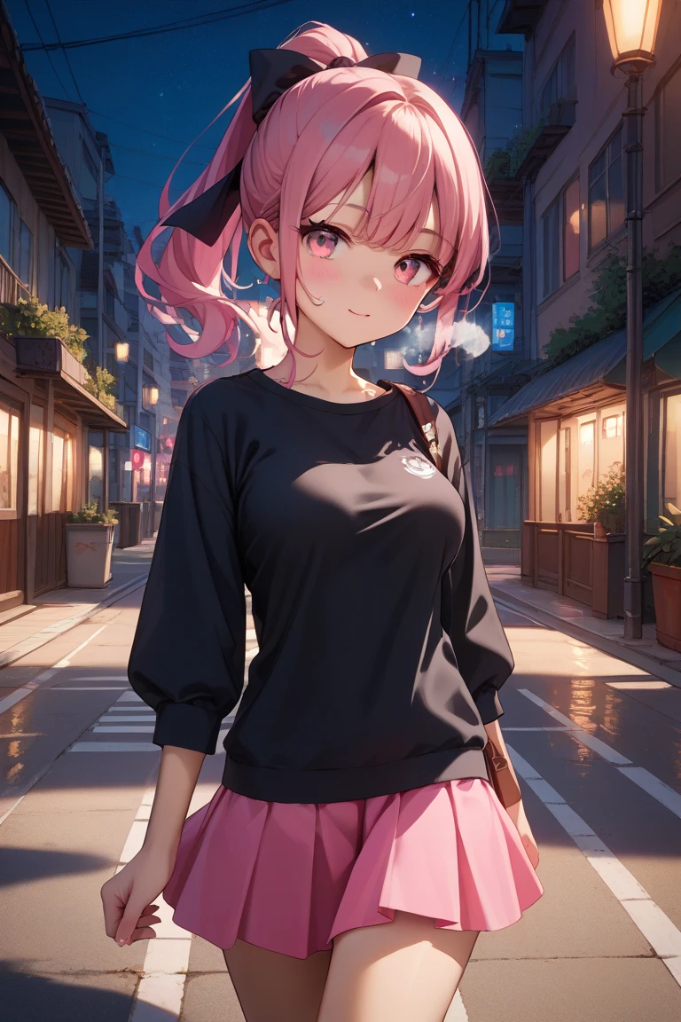 (grainy:0.6),girl,(black leggings:1.2),skirt, (red soft big hoodie:1.1),purple eyes,messy red medium twintail,buttefly hairpin, smiling, soft skin, expensive clothing, cel shaded, Shimmering light, Glowing, perfect anatomy, finely detailed, masterpiece, Cinematic lighting,