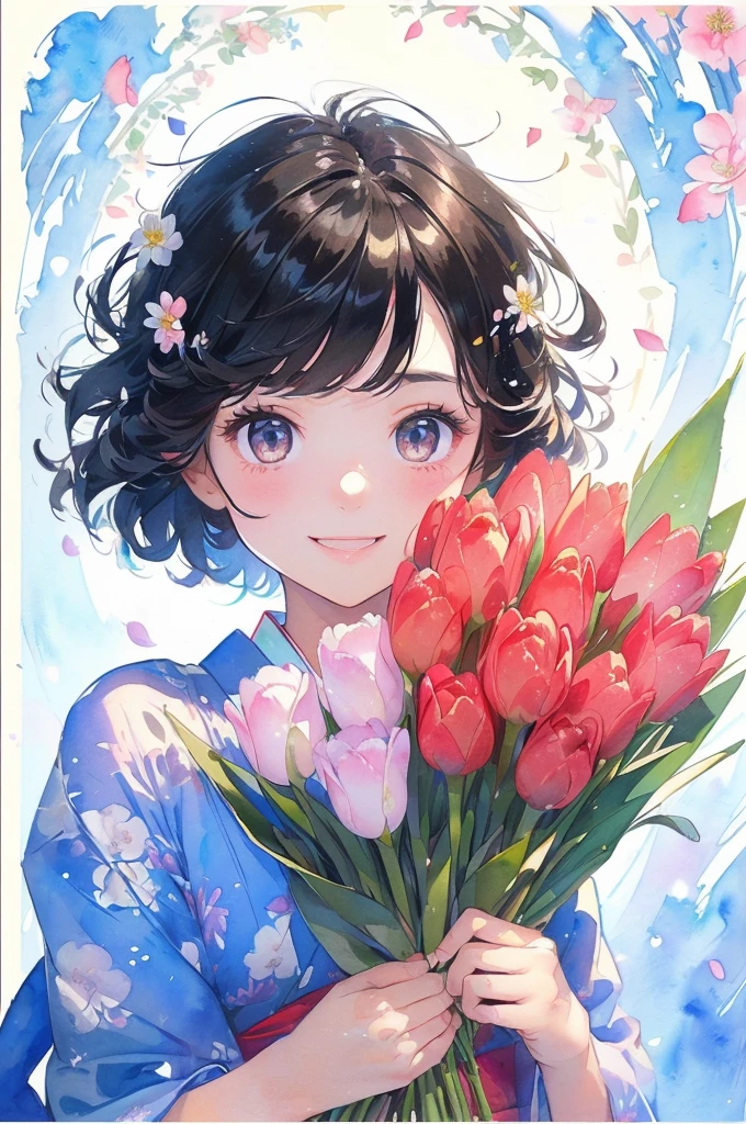 (masterpiece、 top quality 、 top quality 、 beautiful beautiful:1.2)、 excellent anatomy、(watercolor）、 drawing of a girl with straight short hair holding tulips、 beautiful smile、 beautiful Japanese kimono、 soft、pure、charm、(Picture of a girl with short straight hair holding a bouquet of flowers :1.3)、 staring at the camera、Flowers and leaves、tulip flower、blue sky、 horizon 、Blur