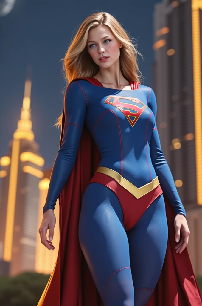 (  masterpiece ,  realistic , perfecta,  photograph ,  high resolution and definition ), DC Comics: Super girl,  in a sensual and erotic pose,  tight suit , long, loose blond hair, nice image detail ,  Beautiful legs ,  detailed face, light eyes,  beautiful butt ,  slender and detailed body ,  big breasts .  Great detail of the background and environment . In a random location ,  exciting