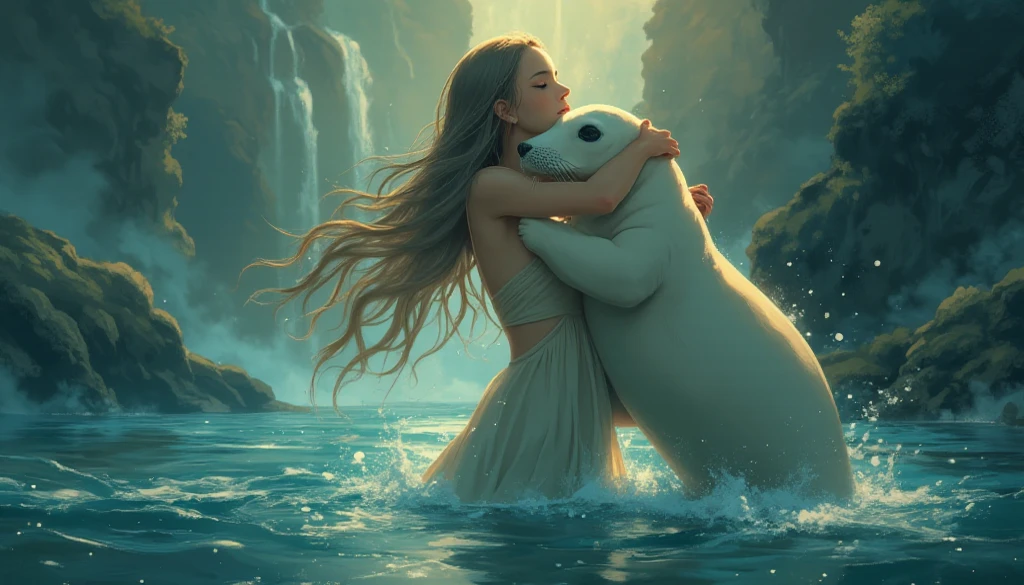 "A woman emerging from water, with a seal climbing up beside her to embrace her, symbolizing harmony and connection. The woman has long, flowing hair, wearing a simple, elegant dress that drapes gently around her body, creating a sense of ethereal beauty. The seal, with smooth fur and expressive eyes, gently wraps its flippers around her in a tender embrace. The scene is set in a serene, mystical landscape with soft, glowing light filtering through the water. The background is filled with gentle waves and mist, creating a peaceful atmosphere. The scene is highly detailed with dynamic lighting and vibrant colors, bringing out the contrast between the dark depths of the water and the illuminated figure of the woman and the seal. The art style is anime-inspired with manga aesthetics, soft shading, and vibrant hues that make the characters stand out beautifully. The image is rendered in 8k resolution, creating a sense of depth and intricacy in every detail, showcasing the masterpiece of this serene, magical moment."

This prompt is designed to capture the imagery and symbolism of the Sabian symbol while incorporating the anime and manga aesthetics. Let me know if you'd like any adjustments!