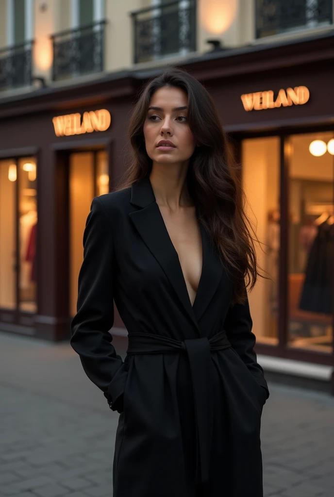 Sexy tall dark hair brunette, slightly wavy hair, 175cm tall, perfect body, in a chic black jumpsuit that accentuates her figure, standing against an urban cityscape backdrop, with a captivating smile and a seductive gaze, raw photo, realistic UHD, 8k, realistic skin shadows, realistic skin texture, playboy photoshoot, viki odintcova, sexy, winky eye