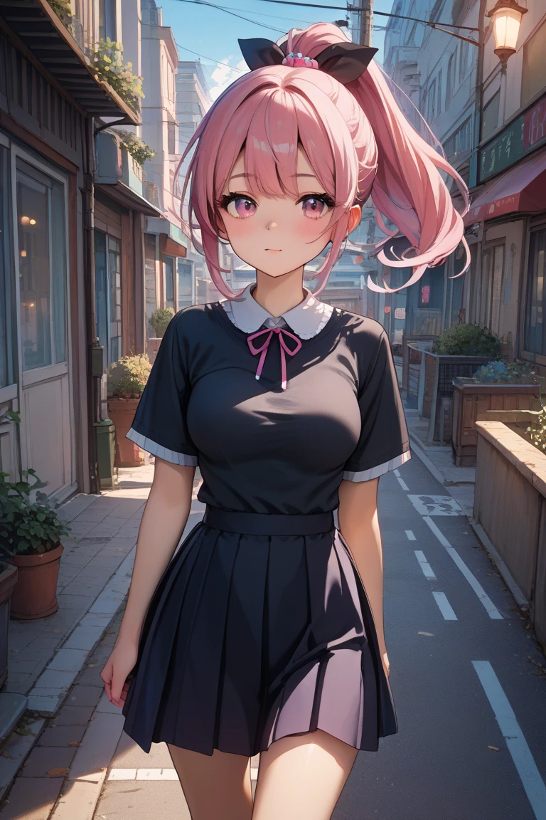 　score_9, score_8_up, score_7_up,source_anime,anatomically correct, 1 cute girl, pink hair, ponytail, black ribbon, medium breasts, black onepiece,mini skirt, pink eyes、Walking the city sidewalk at night、 snows、Cold face、 white breath 、　　　upper body、wide shot