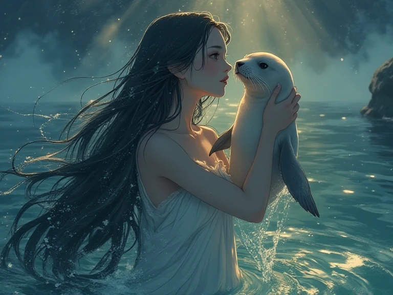 "A woman emerging from water, with a seal climbing up beside her to embrace her, symbolizing harmony and connection. The woman has long, flowing hair, wearing a simple, elegant dress that drapes gently around her body, creating a sense of ethereal beauty. The seal, with smooth fur and expressive eyes, gently wraps its flippers around her in a tender embrace. The scene is set in a serene, mystical landscape with soft, glowing light filtering through the water. The background is filled with gentle waves and mist, creating a peaceful atmosphere. The scene is highly detailed with dynamic lighting and vibrant colors, bringing out the contrast between the dark depths of the water and the illuminated figure of the woman and the seal. The art style is anime-inspired with manga aesthetics, soft shading, and vibrant hues that make the characters stand out beautifully. The image is rendered in 8k resolution, creating a sense of depth and intricacy in every detail, showcasing the masterpiece of this serene, magical moment."

This prompt is designed to capture the imagery and symbolism of the Sabian symbol while incorporating the anime and manga aesthetics. Let me know if you'd like any adjustments!






