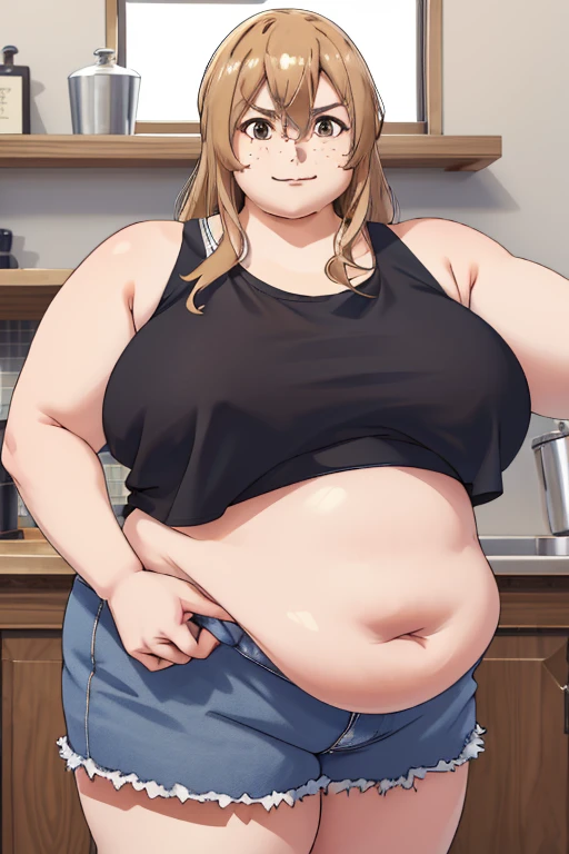 masterpiece, best quality, highres, aoki1(big fat body), brown eyes, freckles, cropped tank top, clothes that fit your big, fat body size, cowboy shot.