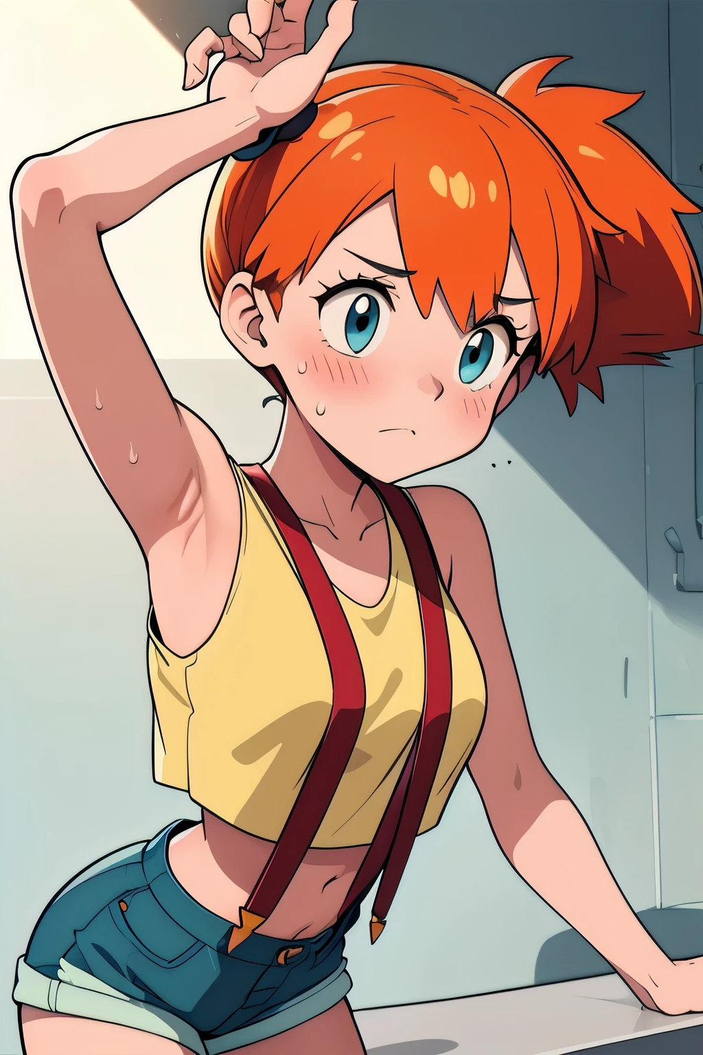 (masterpiece, best quality), 1girl, pkmnmisty, 1girl, solo, blue eyes, orange hair, short hair, side ponytail, bangs, hair tie,, yellow shirt, crop top, sleeveless, suspenders, short shorts,high quality, masterpiece sleeveless,sweat,sweaty,sweaty armpits,showing armpits,arms raised, armpit,armpits,awesome armpits,tired,exhausted,blush,big tits