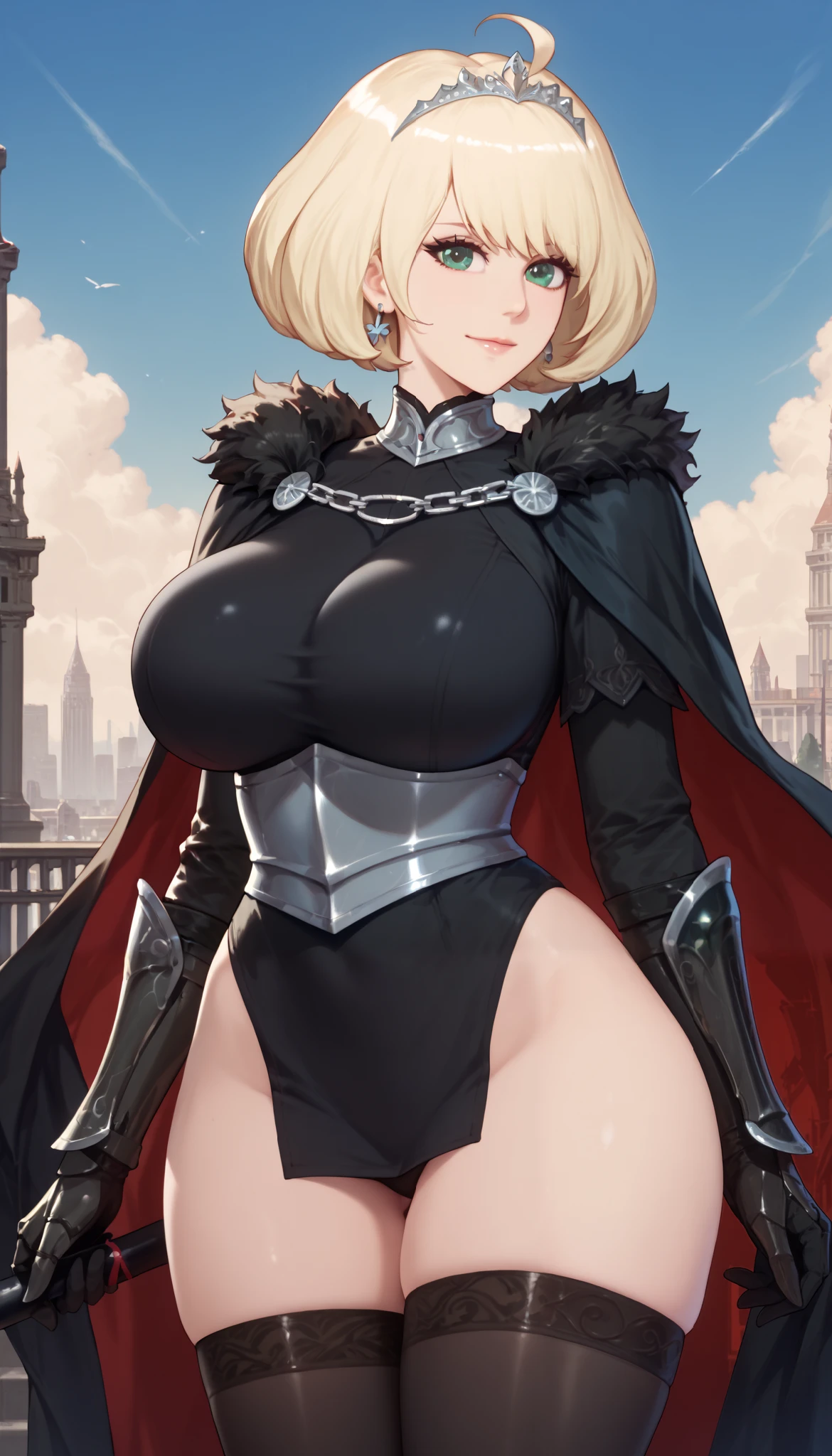 score_9,score_8_up,score_7_up,score_6_up,score_5_up,alienquestellen,short hair,blonde hair,curvy,huge breasts,bubble butt,ass visible through thighs , city , smile closed mouth ring earring locking at viewer large breasts huge breasts , green eyes , ellen alien quest eve  ,,,,, (slim thighs:1.2),(perfect body),(detailed skin,detailed eyes:1), High resolution illustrations, unrivaled masterpiece, ultra-realistic 8k CG, perfect artwork, ,,,,,,,,  capelet, black dress, ahoge, armored boots, black gauntlets, armor, tiara, fur trim, cape, thighhighs