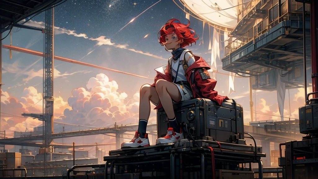  girl １people、Futuristic Building、 Golden airship flying in the sky、night、真night中、universe、Not a single cloud、 starry sky 、sit、 Looking up at the distant sky 、 short hair、 shortcuts、Red Hair Color、 blue eyes、、 boyish 、アジアpeople、smile、 elementary school students、 tanned skin 、 I'm thin、Freckles、 white shorts、 white tank top、 red jacket、 low position、