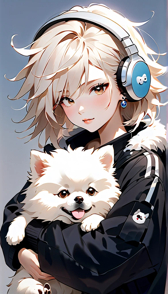  "A young woman with bright white hair, messy hair, bright skin, and the soft expression , wearing an oversized black jacket.  He wears silver headphones around his neck and has earrings in his left ear .  The woman hugs an adorable-looking white fluffy Pomeranian dog.  The background is plain white , gives full focus to the female character and her dog ."
