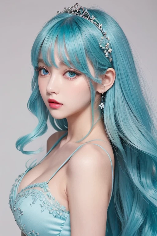   light blue hair with a slender body , Turquoise Eye,  has long eyelashes, Big Red Lips,  apricot eyes,  beauty,  Girly , Curly Hair,  princess