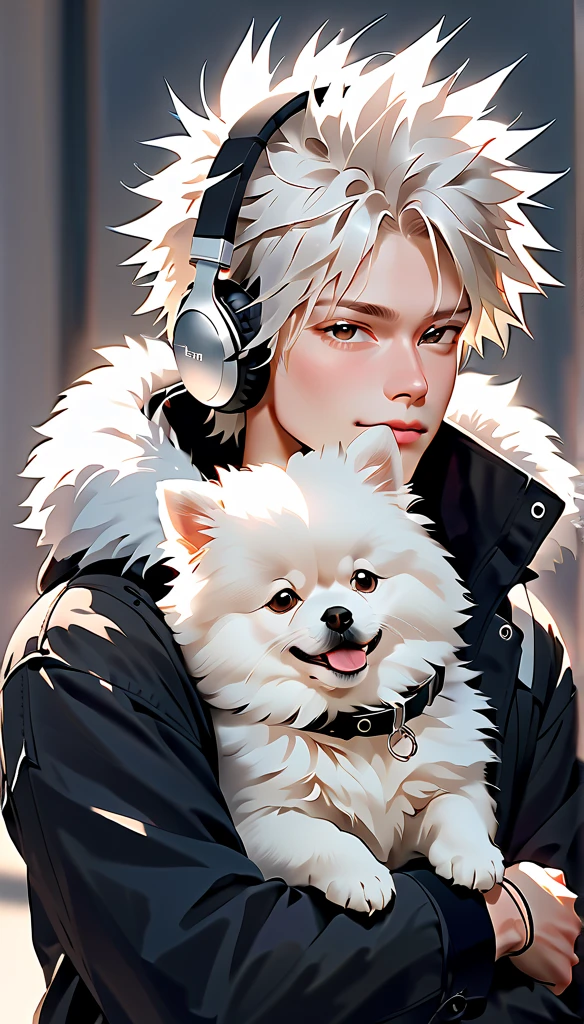  "A young man with bright white hair, bright skin, and the soft expression , wearing an oversized black jacket.  He wears silver headphones around his neck and has earrings in his left ear .  The man hugs an adorable-looking white fluffy Pomeranian dog.  The background is plain white ,  gives full focus to the character of the man and his dog , 
messy hair. "