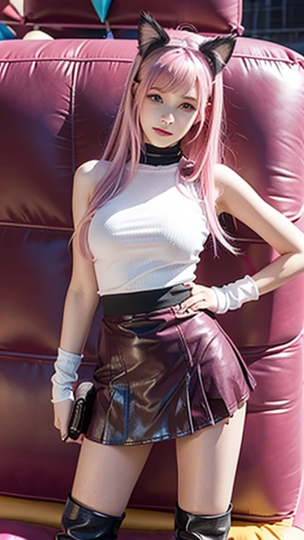 Teenager with pink hair, slim model, Leather BH, pink pleated Leather skirt, Leather arm warmers, knee-high Leather boots, cat ears, bouncy castle, realistic, standing, breasts not covered
