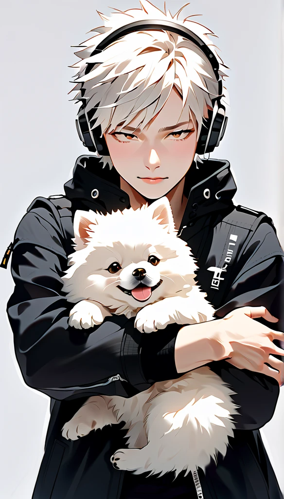  "A young man with bright white hair, bright skin, and the soft expression , wearing an oversized black jacket.  He wears silver headphones around his neck and has earrings in his left ear .  The man hugs an adorable-looking white fluffy Pomeranian dog.  The background is plain white ,  gives full focus to the character of the man and his dog. "