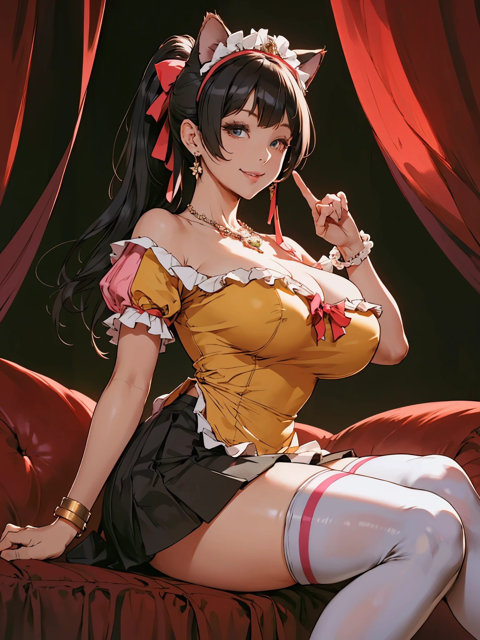 girl, biting index finger, strapless dress, ruffle-trim, huge breasts, long hair, bangs, cat ears, looking at viewer, smile, ribbon headpiece, thighhighs, thighs, short sleeve blouse, ruffle-trim, bow-tie, bracelet, black-pink stripes, black skirt, sexy, ponytail, (from side:0.6), professional lighting, highly details, beautiful details, black pleated, black hair, red ribbon, golden dress, realistic, sensual, gravure, sunlit, necklace, earring, hair jewelry, head jewelry,