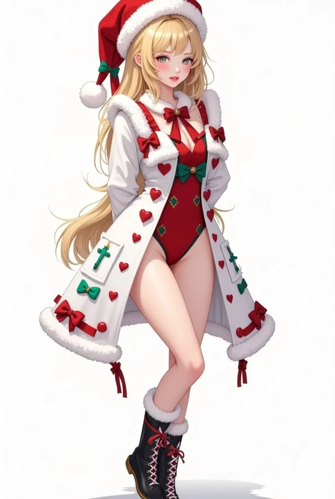 ( Benedict Bana style:1.0)),( Koyama Atsushi style :0.4),( in websake style :1.41),( Camille Walala style :0.4)
,1 Girl,Arms behind back,(((Wearing white Long coat, coat))),blond, blush,bow,Big , Christmas, hat ribbon  ,Thug Hat, red ribbon ,ribbon,(black| blue lace-up high boots :1.5),( bodysuit,tanlines:1.3),bell,
Fetal position ,(Penetration gesture),((( Full Body Photo ,)))(skindentation:1.3), with eyes closed ,Head tilt