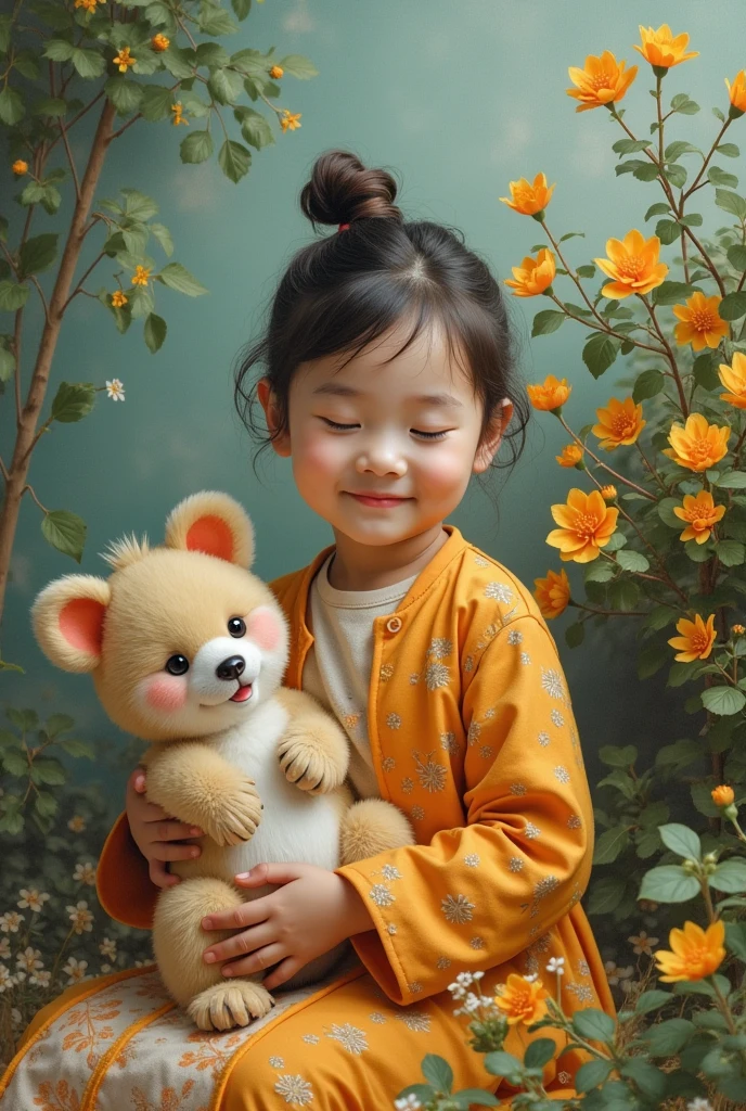 a stuffed cat being held by a child in a yellow dress with a bow on her head. The child is sitting on the bed in her room.