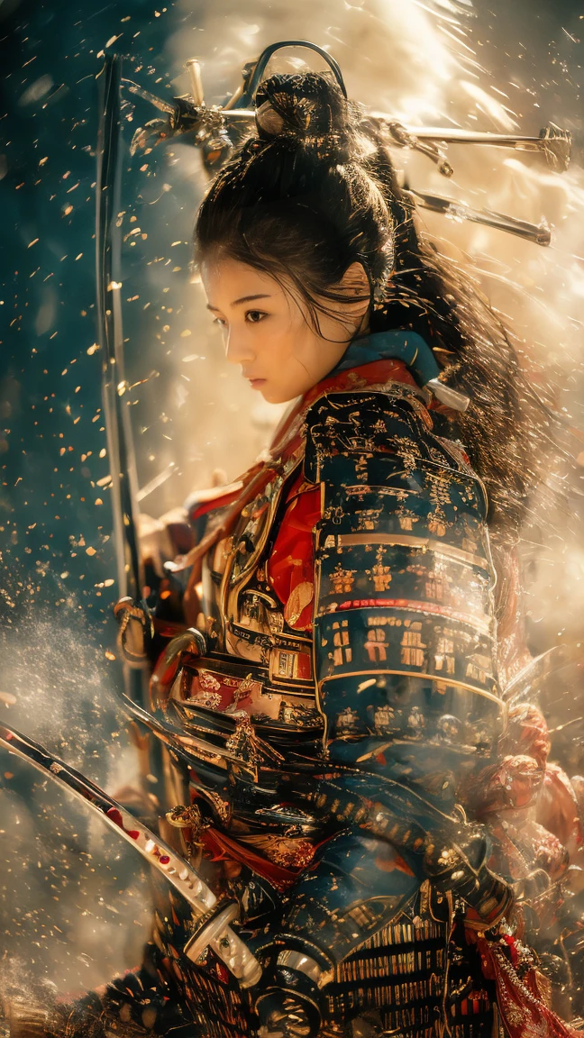 Mysterious Samurai Woman ( Musashi Miyamoto )  wielding a long Japanese sword , Separate with a powerful cut、 covered with a fog that obscures the vision ,  reveals Bright and above the earth , , the sharpness of the fencing contrasts with the blurred background. , Mysterious background,  The sharp, gripping sight of the white fox meets the eye of the beholder.,  A layer of space fog covering the foreground , drill,  Clear Eyes ,  Exquisite and delicate kimono ,  Amazing light and color 