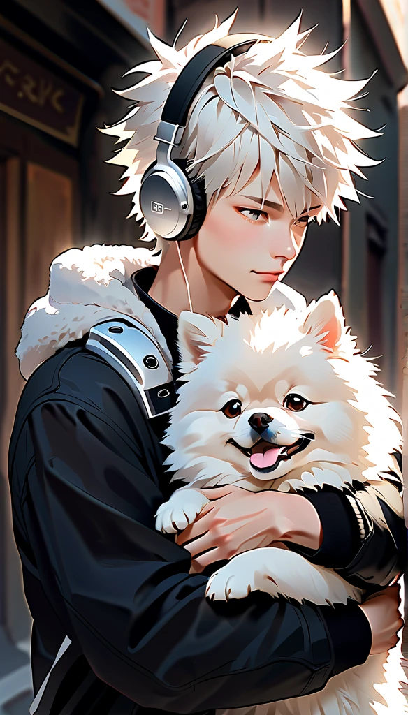  "A young man with bright white hair, bright skin, and the soft expression , wearing an oversized black jacket.  He wears silver headphones around his neck and has earrings in his left ear .  The man hugs an adorable-looking white fluffy Pomeranian dog.  The background is plain white ,  gives full focus to the character of the man and his dog . "