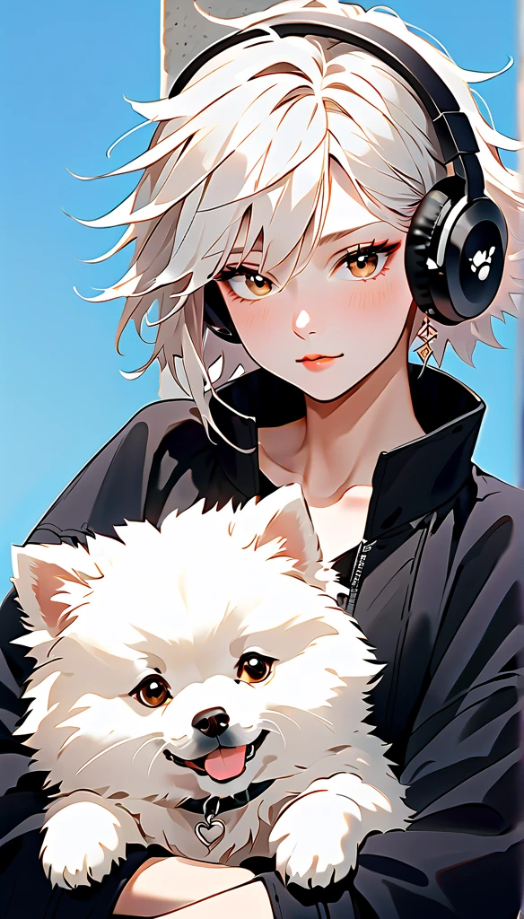  "A young woman with bright white hair, messy hair, bright skin, and the soft expression , wearing an oversized black jacket.  He wears silver headphones around his neck and has earrings in his left ear .  The woman hugs an adorable-looking white fluffy Pomeranian dog.  The background is plain white , gives full focus to the female character and her dog ."
