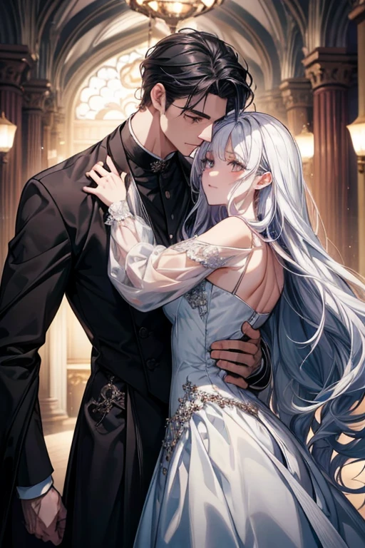 tmasterpiece, Sophisticated and stylish, (fashionable attire), (illuminations), (2 people), Handsome young couple, (Russian Mill Style), Fashionab, silber hair, (Long gray hair), (messy  hair), (white skinned), (dark circles), Handsome, dances, Uptrend, dark gray,, Close-up cleavage, (Big background), (lightand shade contrast)), exquisit facial detail, Details on the face, 电影灯光, (depth of fields), hyper HD, (upper part of body), with black background