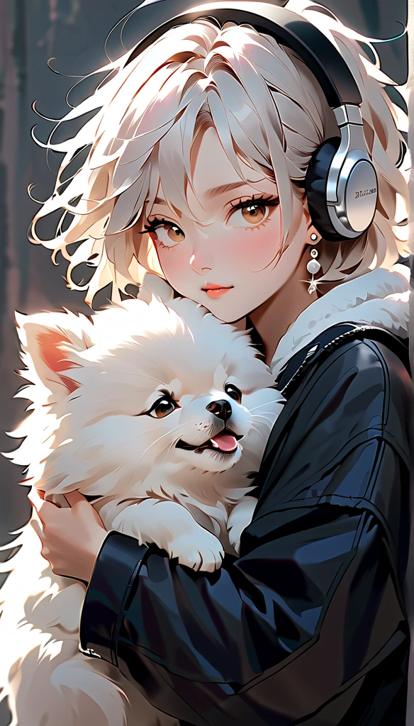  "A young woman with bright white hair, messy hair, bright skin, and the soft expression , wearing an oversized black jacket.  He wears silver headphones around his neck and has earrings in his left ear .  The woman hugs an adorable-looking white fluffy Pomeranian dog.  The background is plain white , gives full focus to the female character and her dog ."
