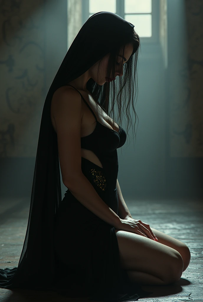 (Best quality,photoreallistic),(Sombre,pressentiment) Un,Detailed black eyes,long black hair resembling the night,pale skinned,Cernes visibles,athletic body but covered in scars,Disturbing atmosphere,Gothic aesthetics,Apparence cauchemardesque,Regard intense,mysterious aura, posture sinueuse et tendue,Dramatic shadows and lighting,striking contrast between light and dark,Suspicion of danger,Enchanted atmosphere