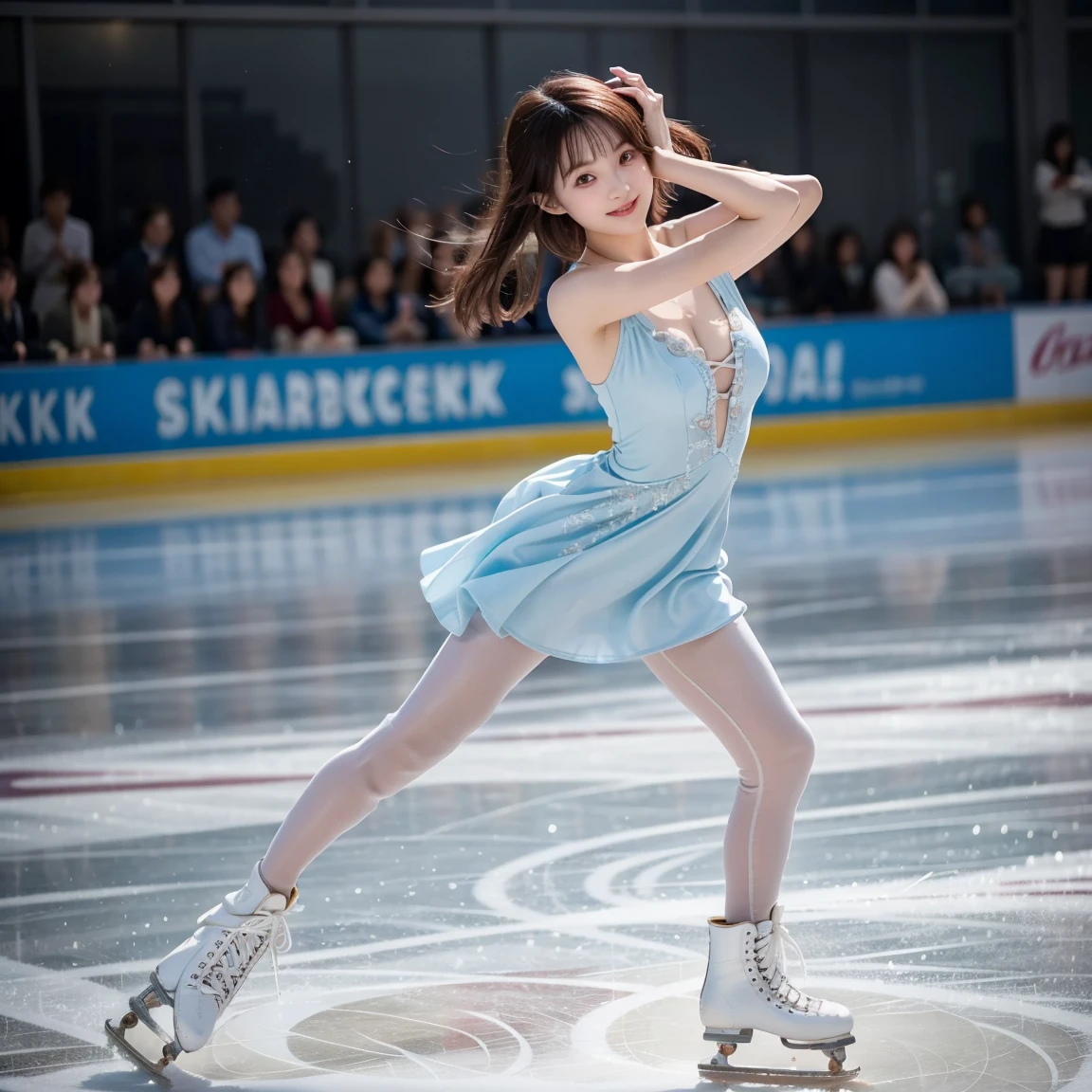  A woman in a light blue short dress is showing off figure skating、I'm wearing skates、 Beautiful and Elegant 、 skating rink、Acting at a figure skating competition 、Looking at the camera、  detailed beautiful eyes 、  cute smile、  a soft and gentle expression 