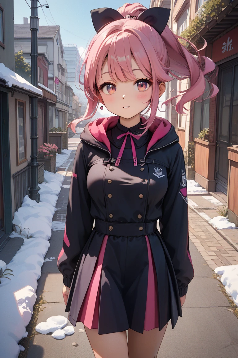 　score_9, score_8_up, score_7_up,source_anime,anatomically correct, 1 cute girl, pink hair, ponytail, black ribbon, medium breasts, black onepiece,mini skirt, pink eyes、Walking the city sidewalk at night、 snow piles up 、 white breath 、　　　upper body、