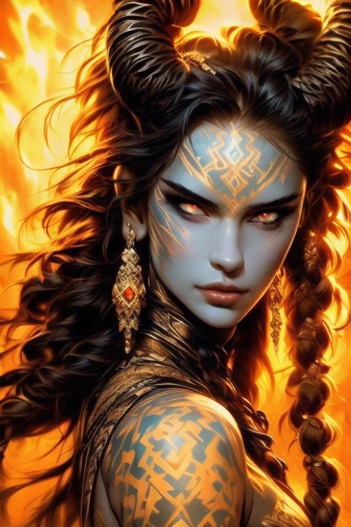 score_9, score_8_up, score_7_up,
KRKNK, 1girl, portrait, beautiful, tiefling shaman, black hair, (long hair:1.3), side bangs, horns, barbarian, gladiator, war paint, tribal markings, long tail, blue skin, red lips, red eyes, glowing eyes, (smug:0.85), dramatic lights, detailed