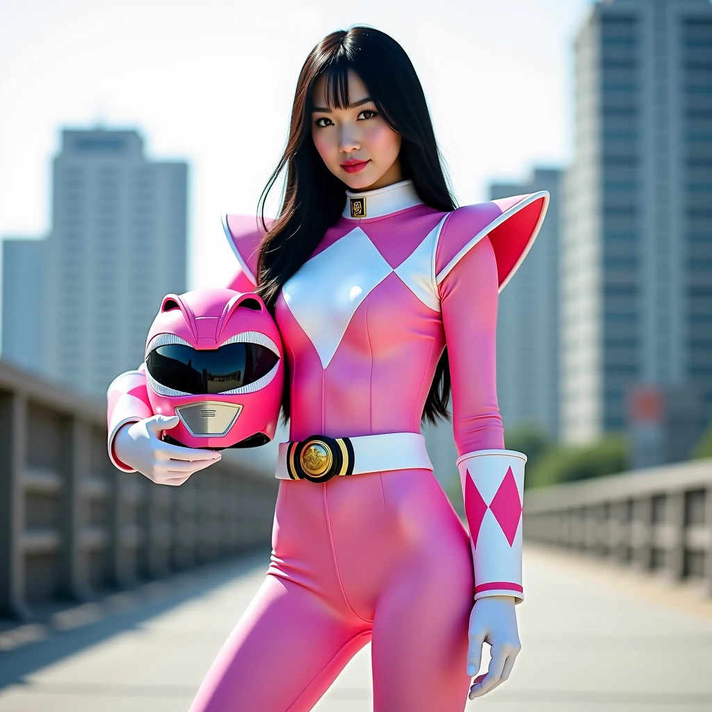 1 cute woman, 25 year old , (long dark hair with cute fringe),(PinkRanger), topless, ripped clothes, (solo) (tight magenta bodysuit), (mini skirt), pink lingery, leggings, white belt, white gloves with pink diamond design, (white boots with pink diamond design), (small breasts), smiling at the viewer,( sunny tokyo background:1.2), vibrant colors