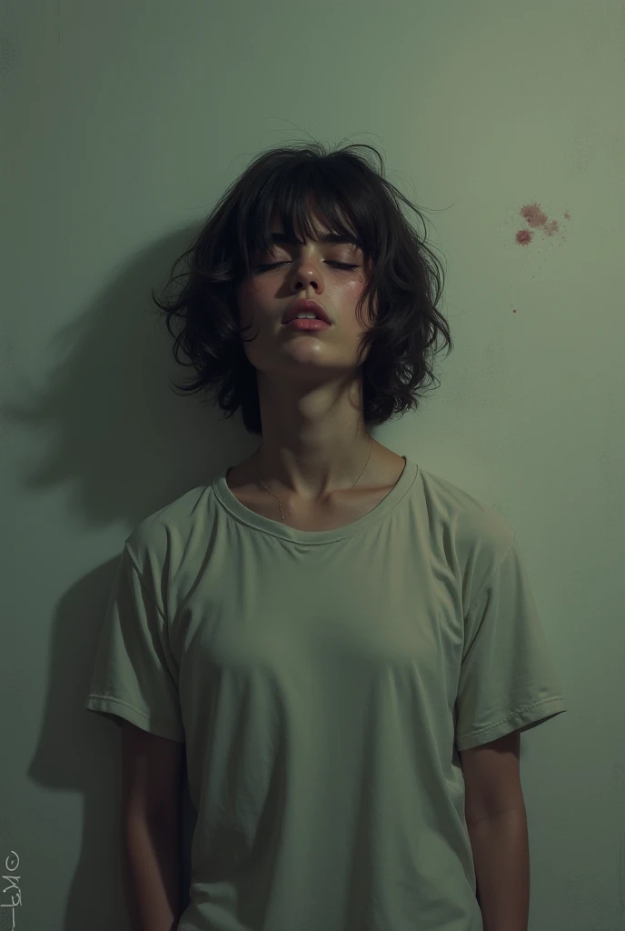 70s setting, grainy film, ultra-detailed, realistic, abstract, desperate tremor, sexual exhausted, hard breath, loosing control, hazy, sweat, desperation, soaked t-shirt, void background, red lips, noir, messy sticky hair, bob cut, natural skin texture,