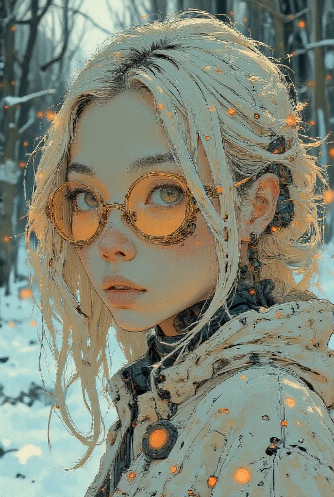 A futuristic, surreal portrait of a biomechanical cyber-woman with intricate, organic, and mechanical elements integrated into her design. She has flowing white hair that seems to merge into a swirling, cloud-like texture, and her skin is porcelain white with delicate golden cracks resembling a network of veins or circuits. She wears elaborate steampunk goggles with golden frames, reflecting a vibrant, abstract cityscape. Her neck and shoulders are adorned with intricate, lace-like patterns resembling a blend of golden filigree and dark organic matter. The overall aesthetic is a fusion of cyberpunk, baroque, and fantasy, with glowing, otherworldly highlights and a soft, ethereal background. The mood is mysterious, elegant, and futuristic., 