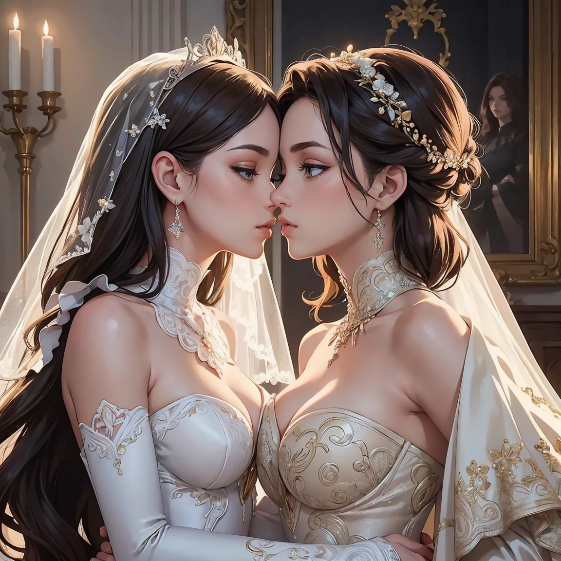 (masterpiece, highest quality, official art, beauty and aesthetic), two stunning bride is deeply in love with each other, kiss